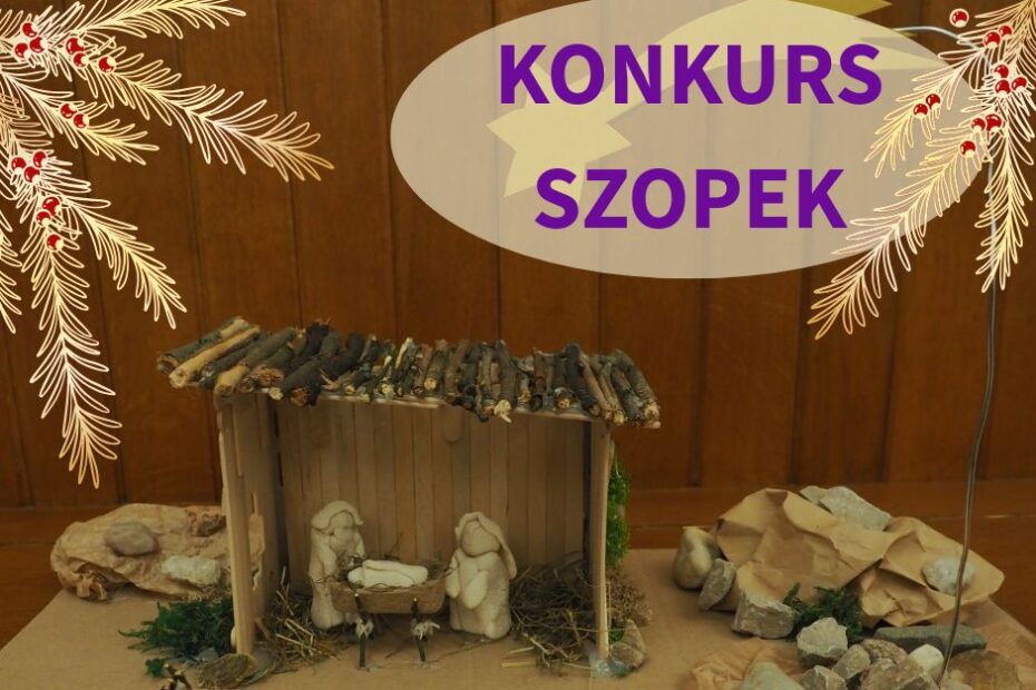 Zdjęcie szopki wykonanej z drewna, patyczków, szyszek ręczne wykonanie.